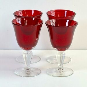 Artland Handblown Cranberry Ruby Red Clear Stem Water Wine Goblet Set of‎ 4